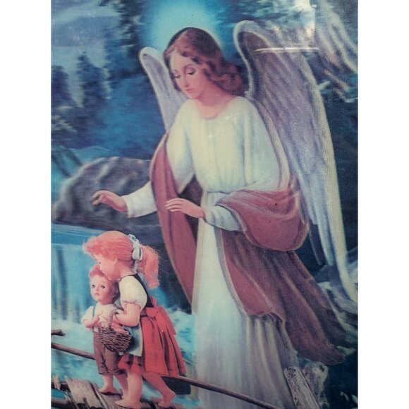 Vintage 70's Lenticular 3D Hologram Guardian Angel Children Framed Picture - Picture 4 of 15
